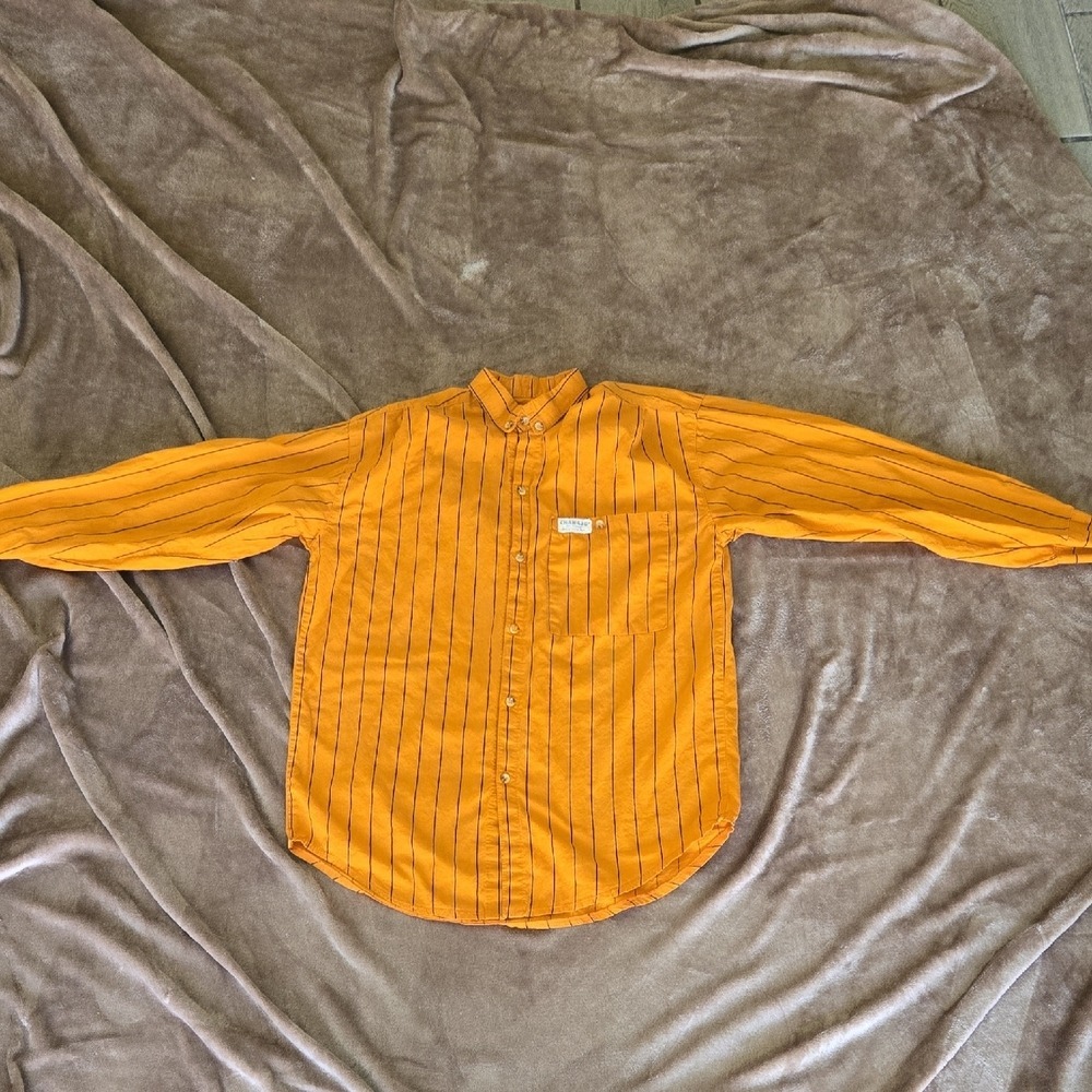Chunjie Mens Mustard Yellow Striped Button Down Long Sleeve Shirt Pocket XL - Picture 5 of 6